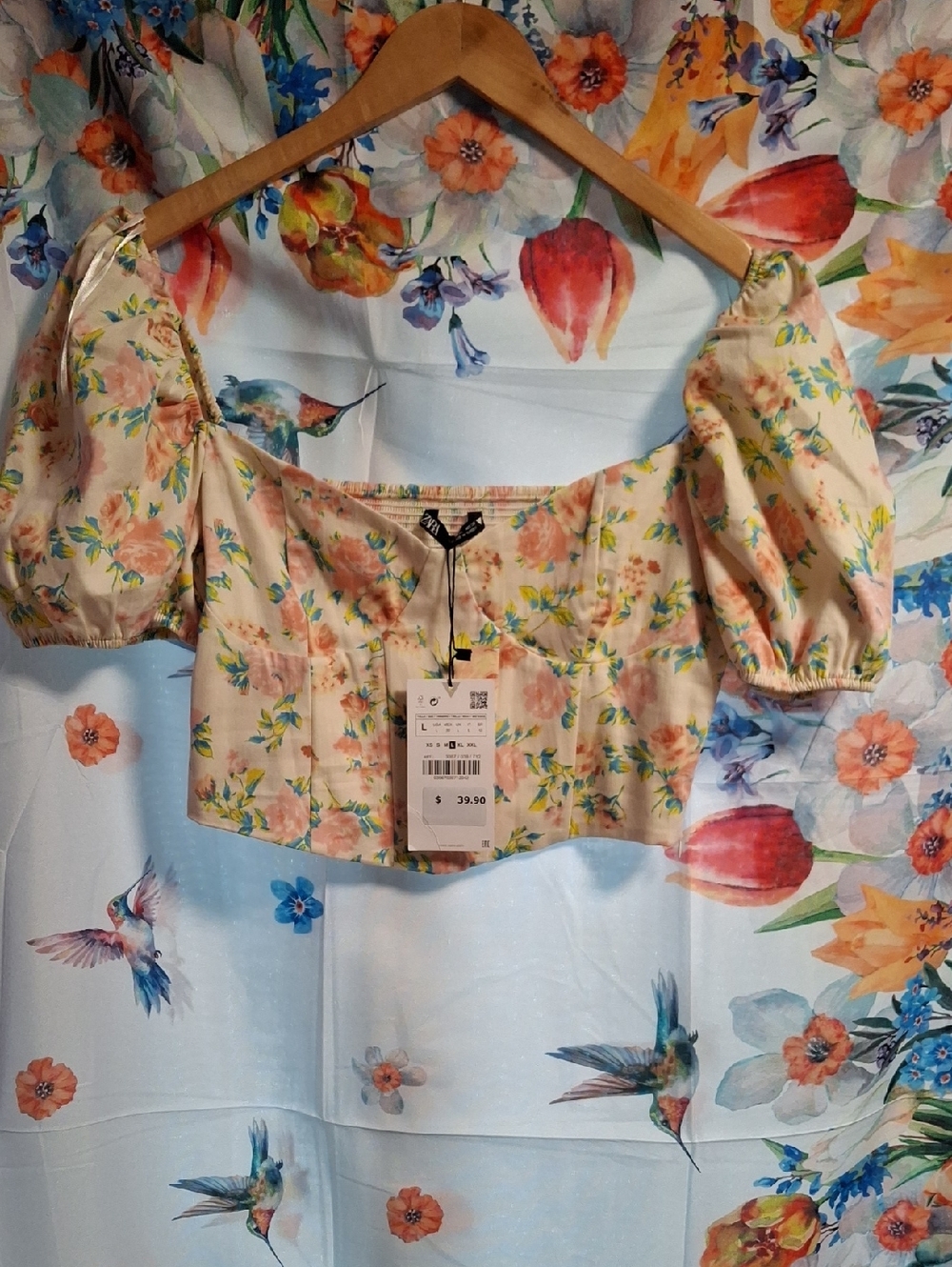 New Zara Peach Floral Puff-Sleeve Crop Top Size Large